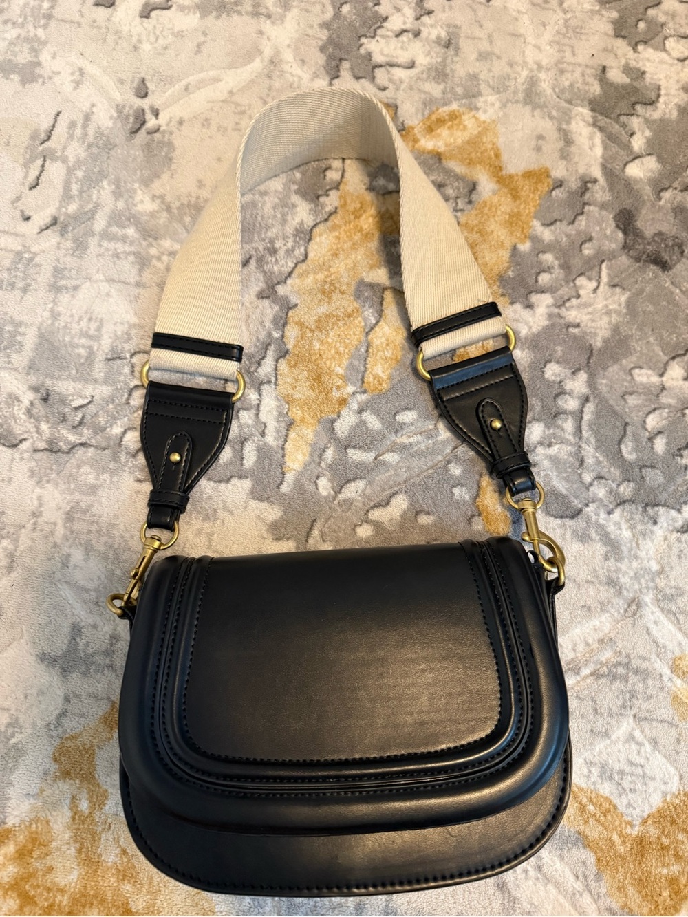 Zara Black Leather Crossbody with Ivory Canvas Strap